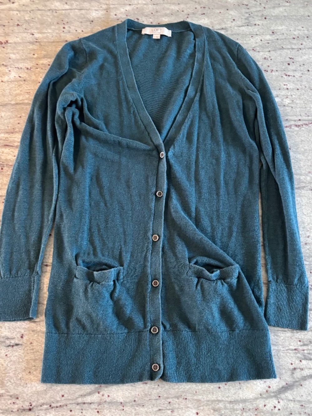 LOFT Women's Long Teal Linen Button Up V Neck Cardigan - Size S